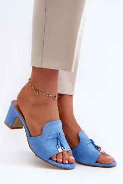 Klapki Damskie Z Eko Zamszu Na Obcasie Niebieskie Jemenna