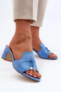 Klapki Damskie Z Eko Zamszu Na Obcasie Niebieskie Jemenna