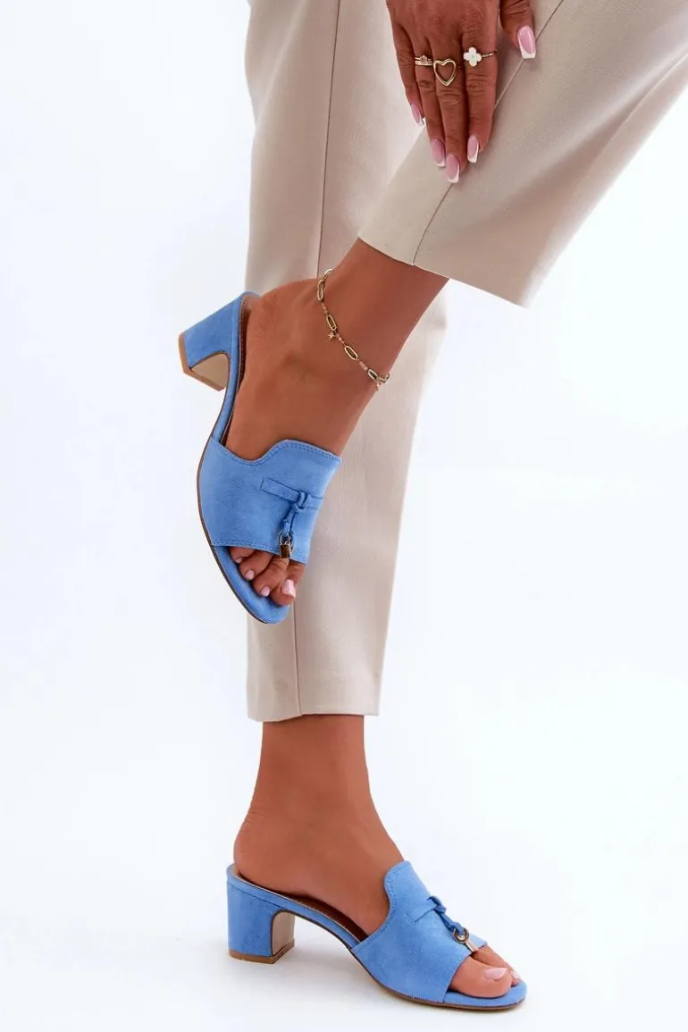 Klapki Damskie Z Eko Zamszu Na Obcasie Niebieskie Jemenna