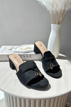 Klapki Damskie Z Eko Zamszu Na Obcasie Czarne Jemenna