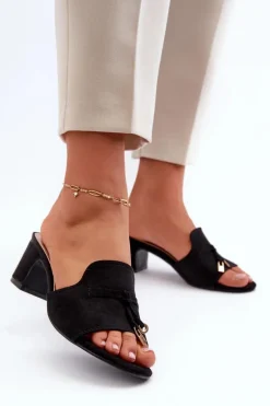 Klapki Damskie Z Eko Zamszu Na Obcasie Czarne Jemenna