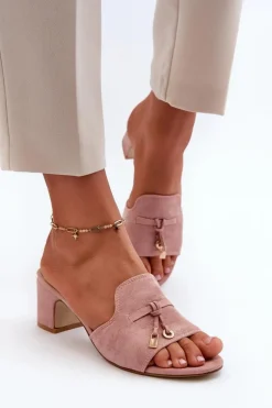 Klapki Damskie Z Eko Zamszu Na Obcasie Różowe Jemenna