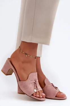 Klapki Damskie Z Eko Zamszu Na Obcasie Różowe Jemenna