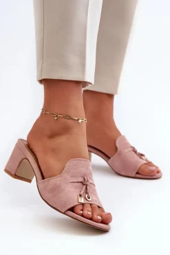 Klapki Damskie Z Eko Zamszu Na Obcasie Różowe Jemenna