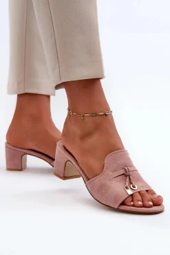 Klapki Damskie Z Eko Zamszu Na Obcasie Różowe Jemenna