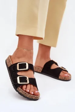 Klapki Damskie Z Eko Zamszu Złote Klamry Czarne Vorella