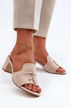 Klapki Damskie Z Eko Zamszu Na Obcasie Beżowe Jemenna