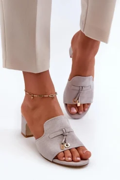 Klapki Damskie Z Eko Zamszu Na Obcasie Szare Jemenna