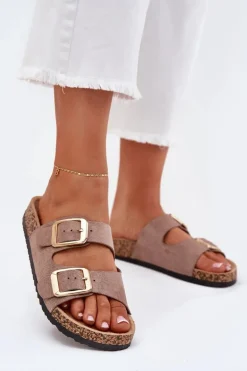 Klapki Damskie Z Eko Zamszu Złote Klamry Ciemnobeżowe Vorella