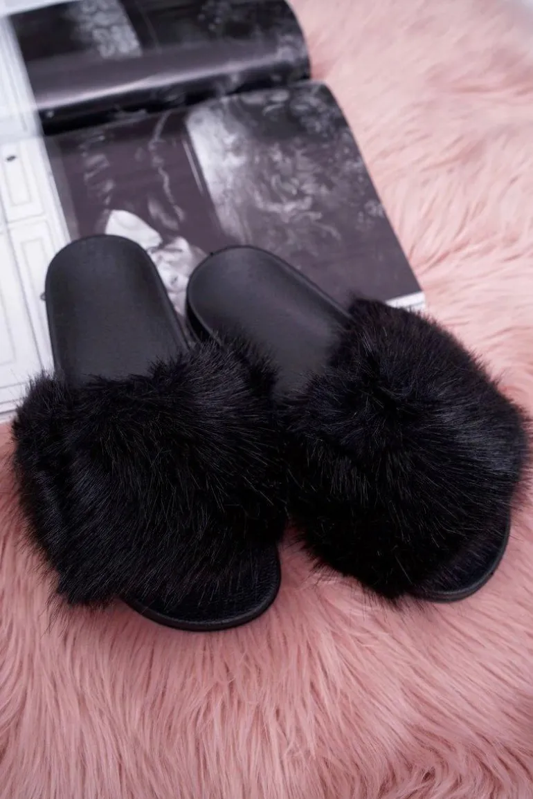 Klapki Damskie z Futerkiem Czarne NiceFur