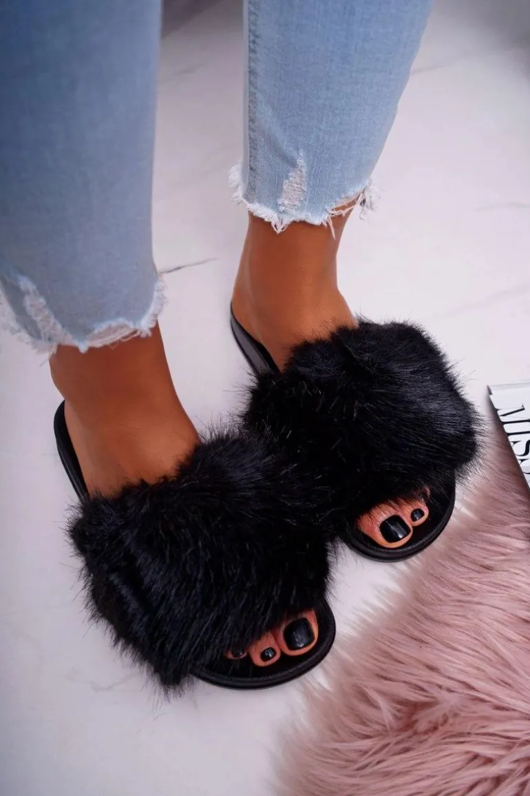 Klapki Damskie z Futerkiem Czarne NiceFur