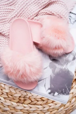 Klapki Damskie Z Futerkiem Jasny Róż Fur