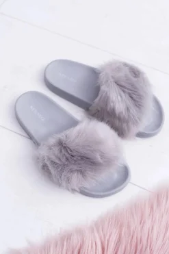 Klapki Damskie Z Futerkiem Szare Fur