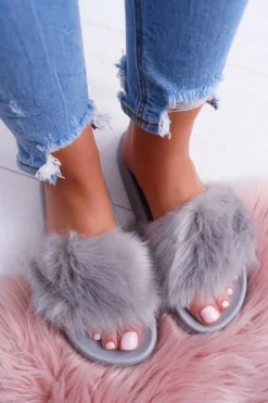 Klapki Damskie Z Futerkiem Szare Fur
