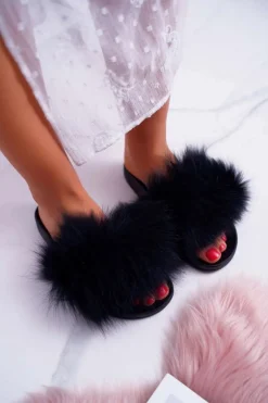 Klapki Damskie Z Futerkiem Czarne Mellow