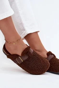 Klapki Damskie Z Futerkiem Typu Baranek Brązowe Lorivine