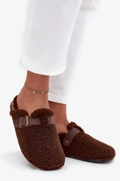 Klapki Damskie Z Futerkiem Typu Baranek Brązowe Lorivine