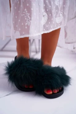 Klapki Damskie Z Futerkiem Zielone Mellow