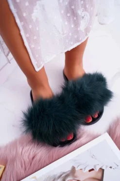 Klapki Damskie Z Futerkiem Zielone Mellow