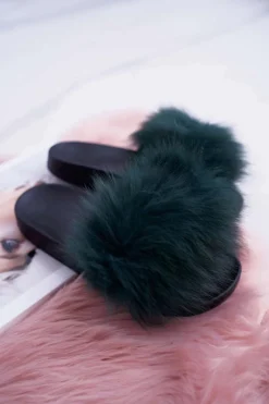 Klapki Damskie Z Futerkiem Zielone Mellow