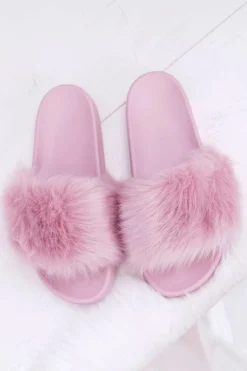 Klapki Damskie Z Futerkiem Jasny Róż Fur