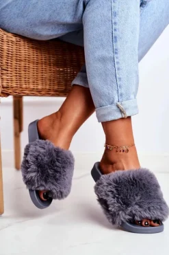 Klapki Damskie Z Futerkiem Szare Sensitive