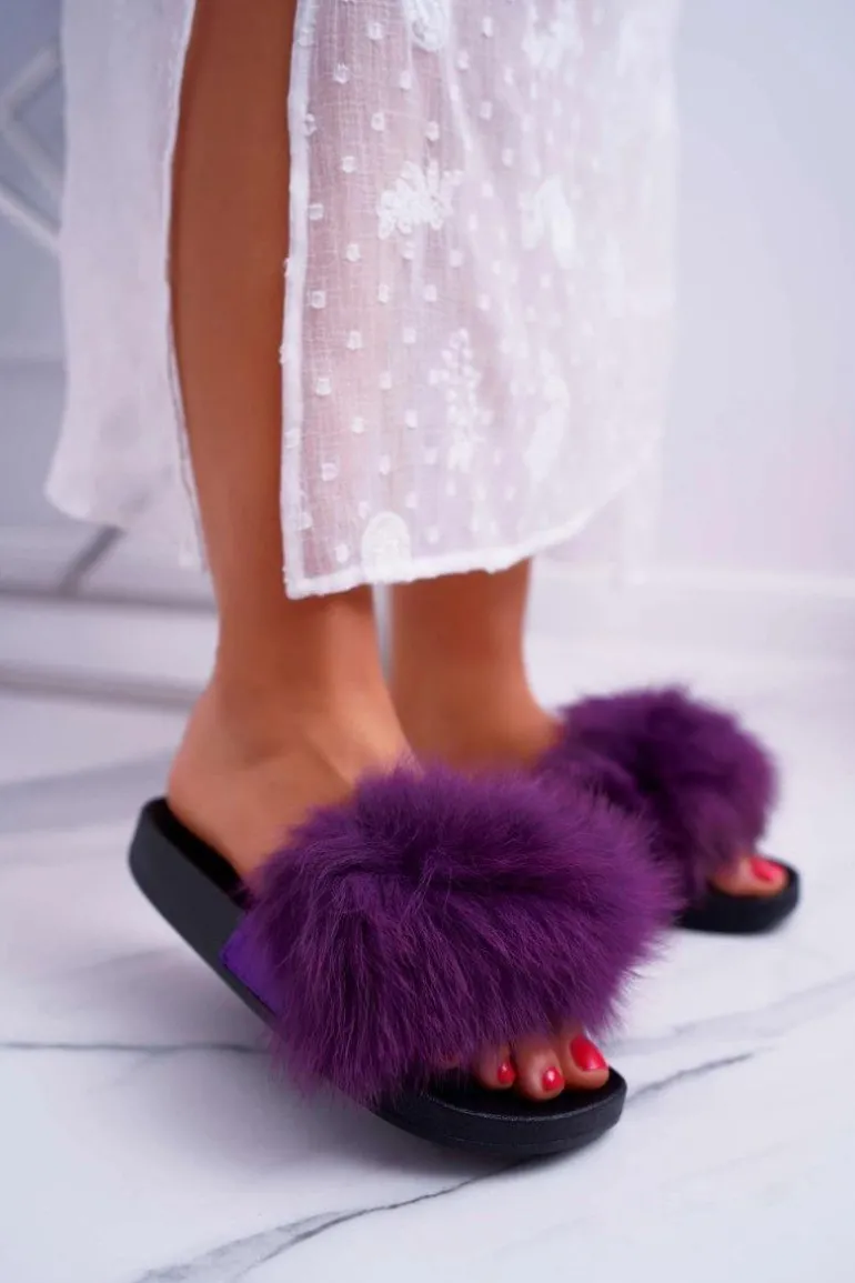 Klapki Damskie Z Futerkiem Fioletowe Mellow