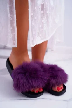 Klapki Damskie Z Futerkiem Fioletowe Mellow