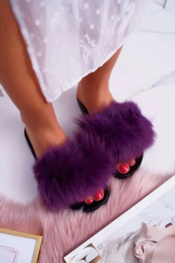 Klapki Damskie Z Futerkiem Fioletowe Mellow