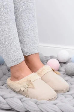 Klapki Damskie Z Futerkiem I Kokardką SOXO Beżowe