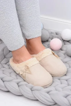 Klapki Damskie Z Futerkiem I Kokardką SOXO Beżowe