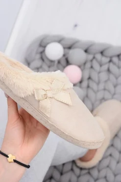 Klapki Damskie Z Futerkiem I Kokardką SOXO Beżowe