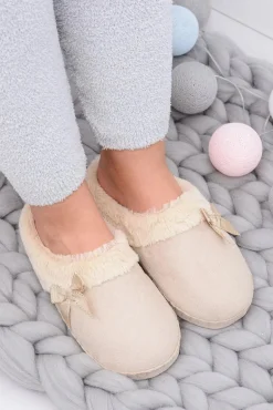 Klapki Damskie Z Futerkiem I Kokardką SOXO Beżowe