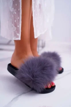 Klapki Damskie Z Futerkiem Szare Mellow