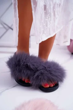 Klapki Damskie Z Futerkiem Szare Mellow