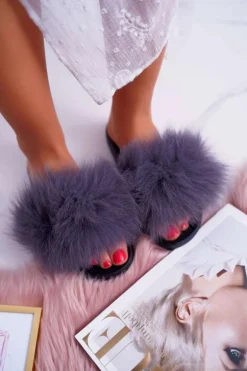 Klapki Damskie Z Futerkiem Szare Mellow