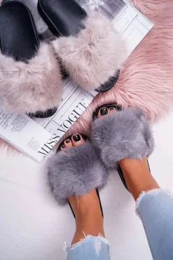 Klapki Damskie z Futerkiem Szaro Czarne NiceFur