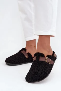 Klapki Damskie Z Futerkiem Typu Baranek Czarne Lorivine