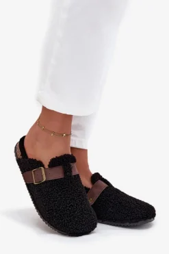 Klapki Damskie Z Futerkiem Typu Baranek Czarne Lorivine