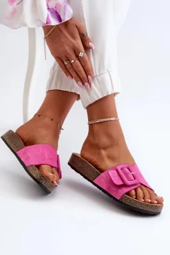 Klapki Damskie Z Klamrą Eko Zamszowe Fuksja Laeltia