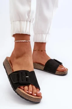 Klapki Damskie Z Klamrą Eko Zamszowe Czarne Laeltia