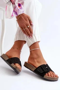 Klapki Damskie Z Klamrą Eko Zamszowe Czarne Laeltia