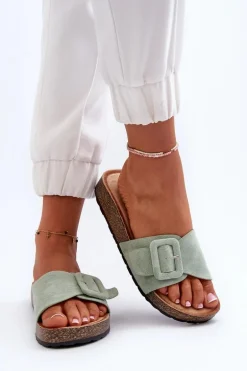 Klapki Damskie Z Klamrą Eko Zamszowe Miętowe Laeltia