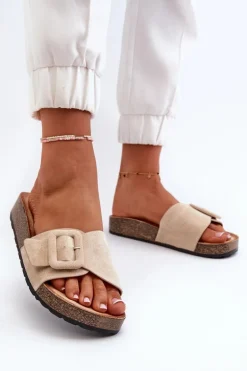 Klapki Damskie Z Klamrą Eko Zamszowe Beżowe Laeltia