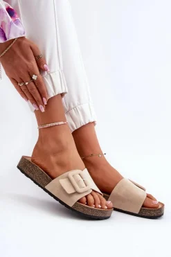 Klapki Damskie Z Klamrą Eko Zamszowe Beżowe Laeltia