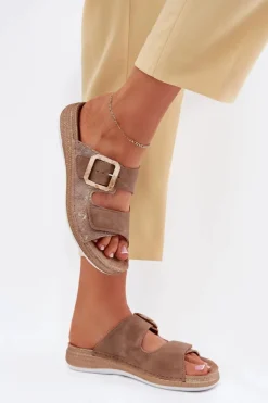 Klapki Damskie Z Klamrą I Rzepem INBLU MK000013 Brązowe