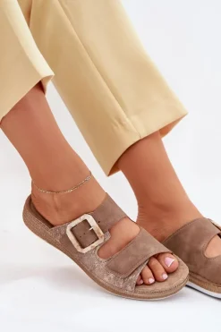 Klapki Damskie Z Klamrą I Rzepem INBLU MK000013 Brązowe