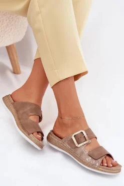 Klapki Damskie Z Klamrą I Rzepem INBLU MK000013 Brązowe