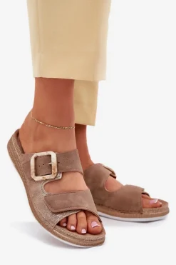 Klapki Damskie Z Klamrą I Rzepem INBLU MK000013 Brązowe