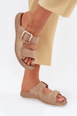 Klapki Damskie Z Klamrą I Rzepem INBLU MK000013 Beżowe